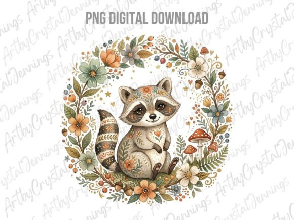 Download Folk Art Raccoon Floral Wreath PNG - Floral wreath png Collection